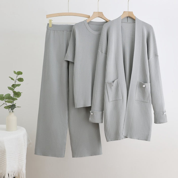 Damen Strick-Loungewear Set mit langen Ärmeln und praktischen Taschen Drune