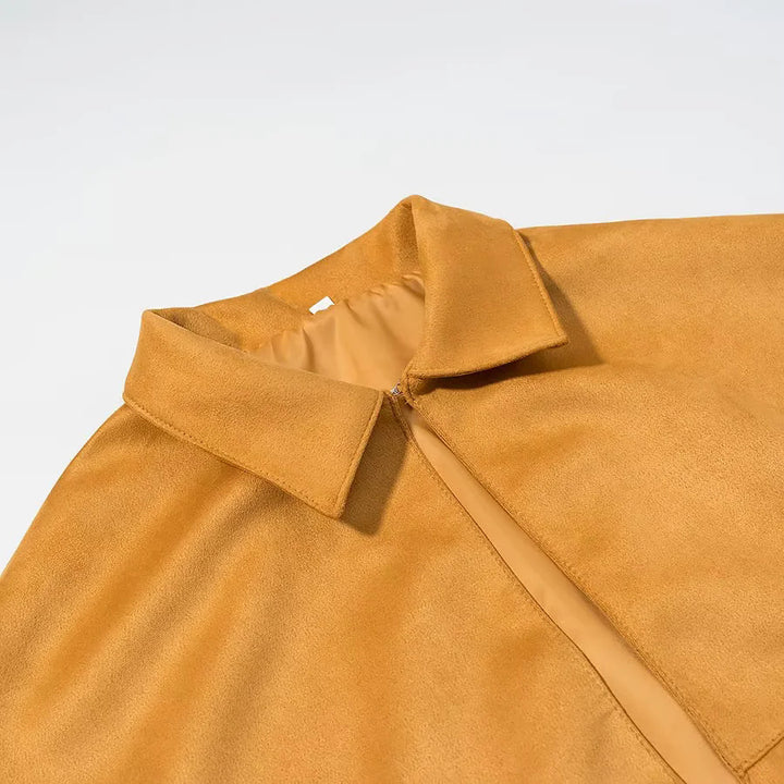 Damen nan Veloursoptik Cape mit Hemdkragen, Ziernaht und langen Fransen Drune