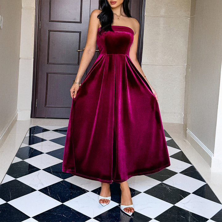 Damen Elegantes Maxikleid aus samtigem Material mit schulterfreiem Design Drune