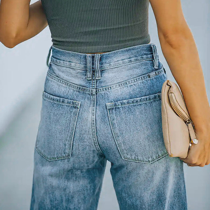 Damen Hochtaillierte weite Straight-Leg-Jeans mit Destroyed-Details Drune