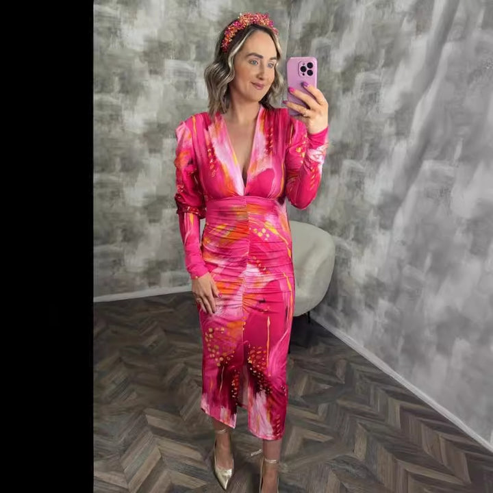 Damen 40+ Maxikleid mit tiefem V‑Ausschnitt, geraffter Taillenpartie und dezenten Puffärmeln Drune