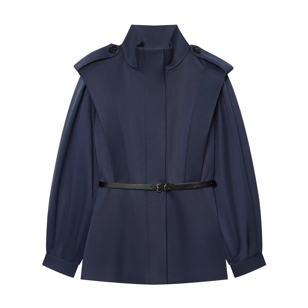 Damen Cape-ähnliche Manteljacke mit Stehkragen, Schulterklappen und Taillengürtel Drune