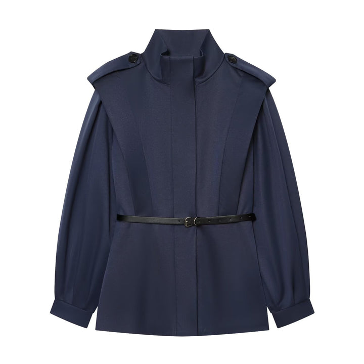 Damen Cape-ähnliche Manteljacke mit Stehkragen, Schulterklappen und Taillengürtel Drune