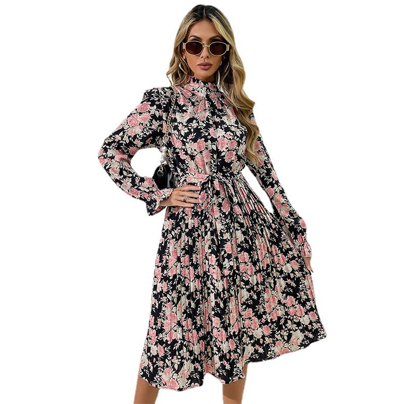Damen Midikleid mit Blumenprint, Plissée‑Rock, Stehkragen und Bindegürtel Drune