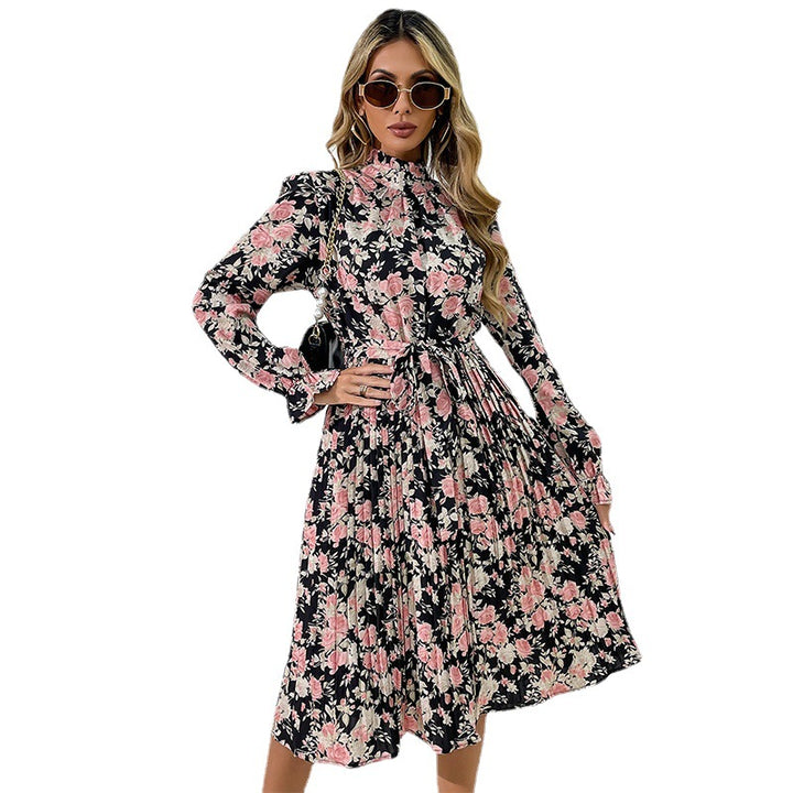 Damen Midikleid mit Blumenprint, Plissée‑Rock, Stehkragen und Bindegürtel Drune