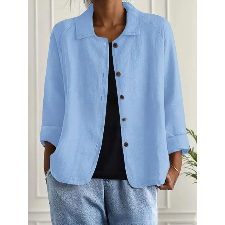 Damen Leichte Leinenoptik-Bluse mit lockerer Passform, 3/4-Ärmeln und Knopfleiste Drune