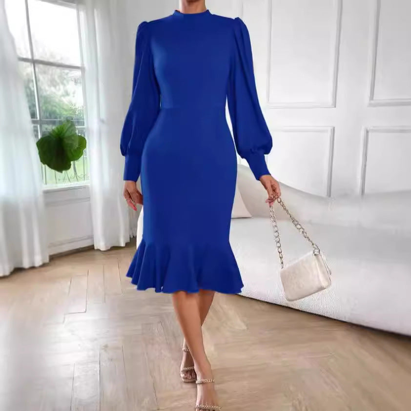 Damen nan tailliertes Pencil-Midikleid mit Stehkragen, ballonärmeln und Glockenvolant Drune