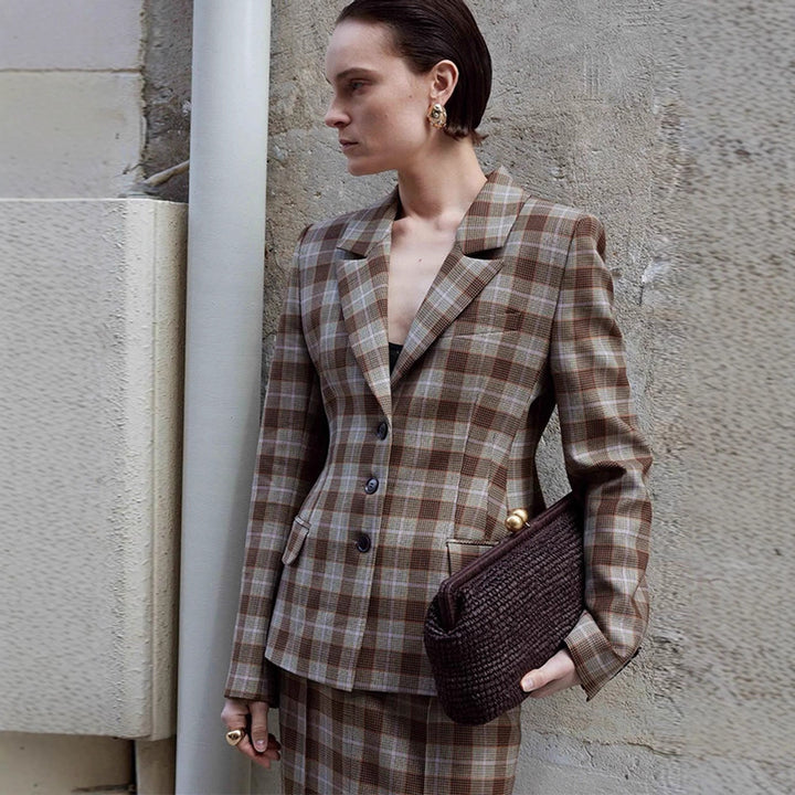 Damen Karo-Blazer und Minirock Set mit taillierter Silhouette und Schößchen Drune