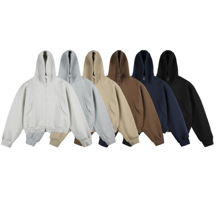 [Unisex] Kurze Boxy-Kapuzenjacke mit durchgehendem Reißverschluss und eingesetzten Eingrifftaschen Drune