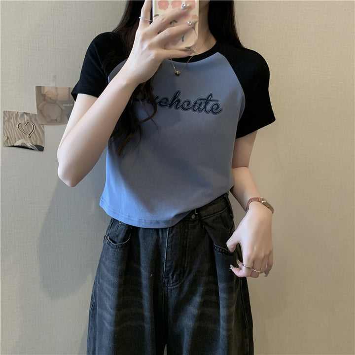Damen Cropped Graphic T-Shirt mit Verspielt Schriftzug Drune