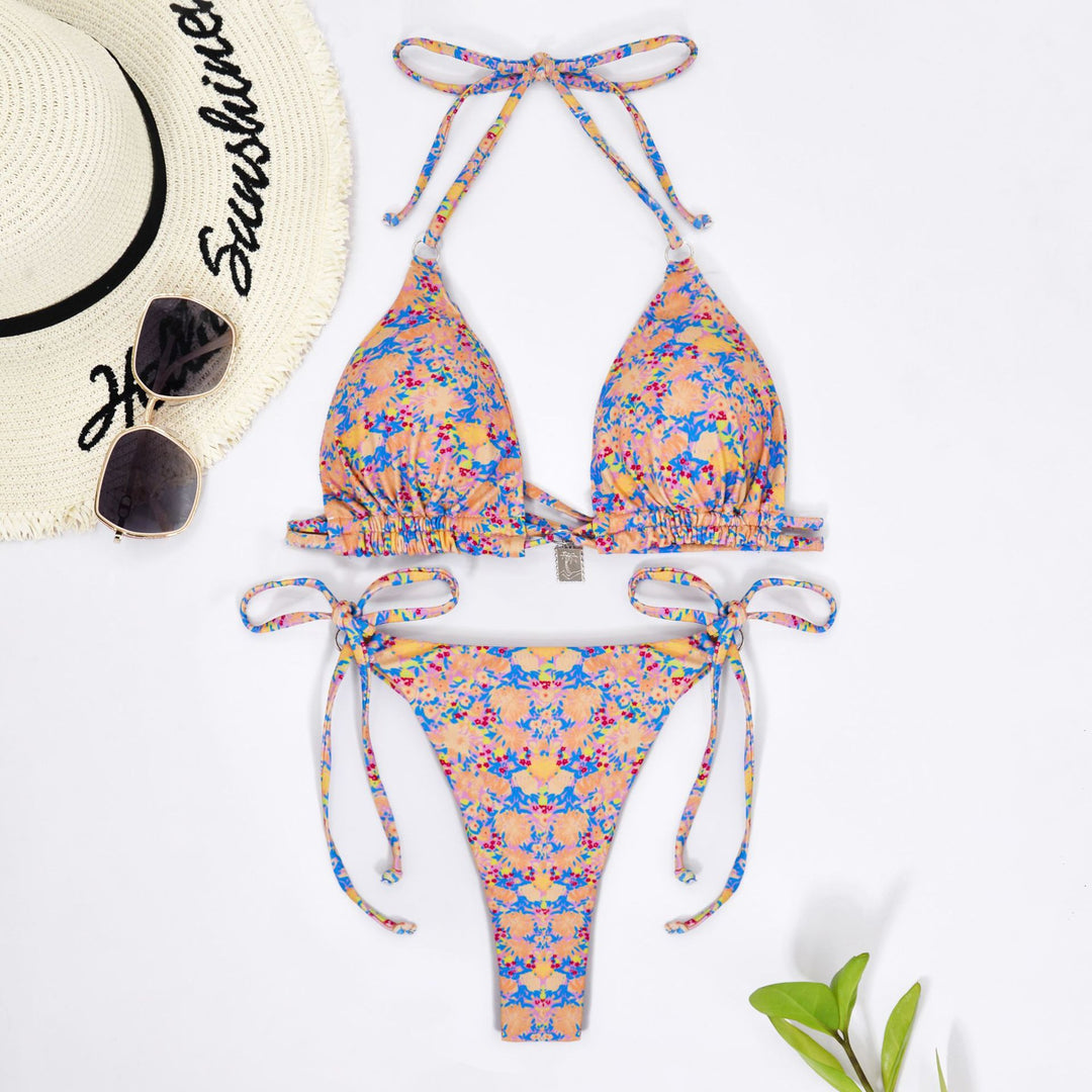 Damen Triangel-Bikini mit verspielten Bindebändern und Blumenmuster Drune