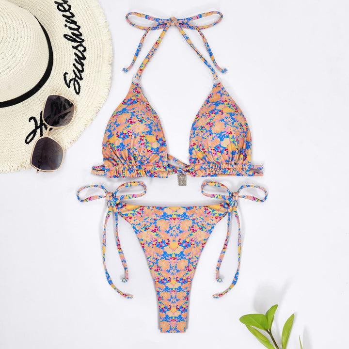 Damen Triangel-Bikini mit verspielten Bindebändern und Blumenmuster Drune