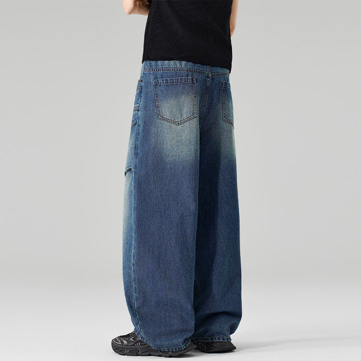 Damen Extraweite Denim-Palazzo-Hose mit aufgesetzten Vorderpanelen und Used-Waschung Drune