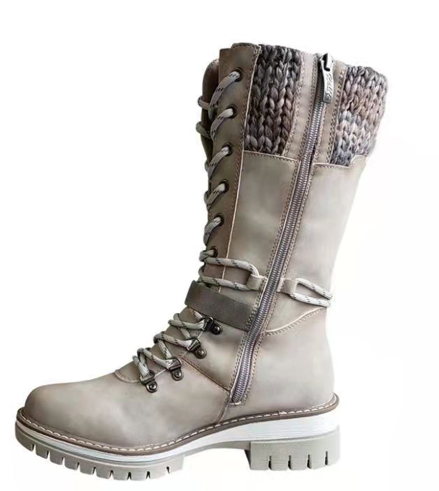 Damen nan modischer Mid-Calf Schnürstiefel mit seitlichem Reißverschluss, gestrickter Manschette und profilierter Gummilaufsohle Drune