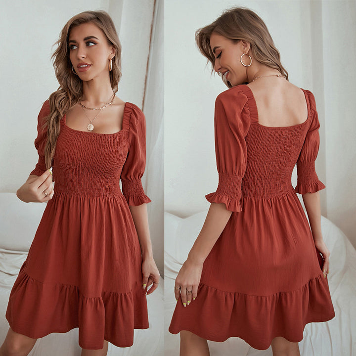 Damen Kurzarmkleid mit geraffter Taille und voluminösem Rock Drune