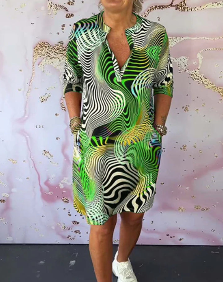 Damen Midi Kleid mit psychedelischem Allover-Druck V-Ausschnitt und lässigem Shift-Schnitt Drune