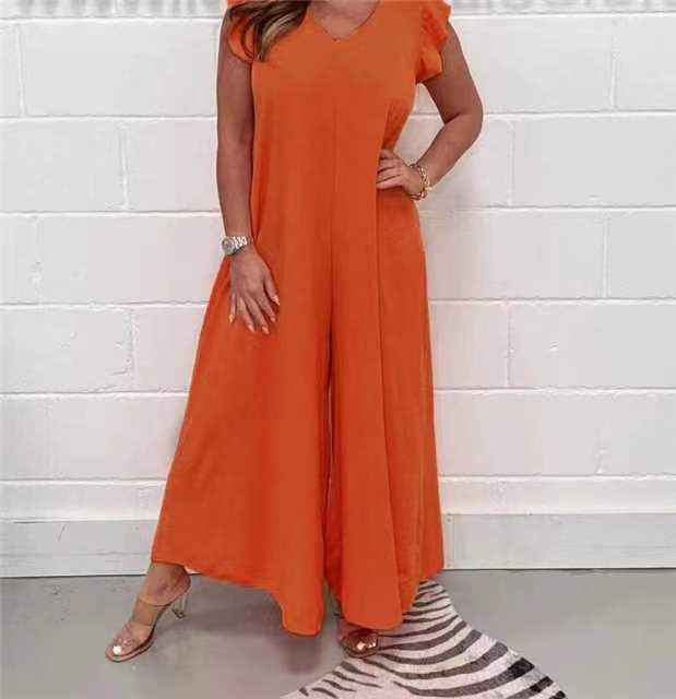 Damen gehobener Jumpsuit mit voluminösen Rüschenärmeln und V-Ausschnitt Drune