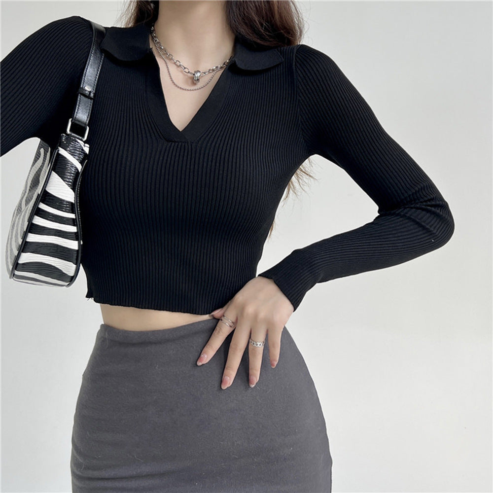 Damen Langärmliges Ripp-Top mit Polo-Kragen Drune