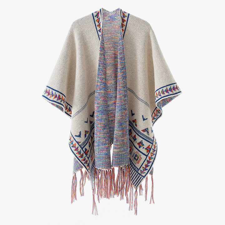 Damen Grobstrick-Poncho mit eingewebter Ethno‑Bordüre und Fransen Drune