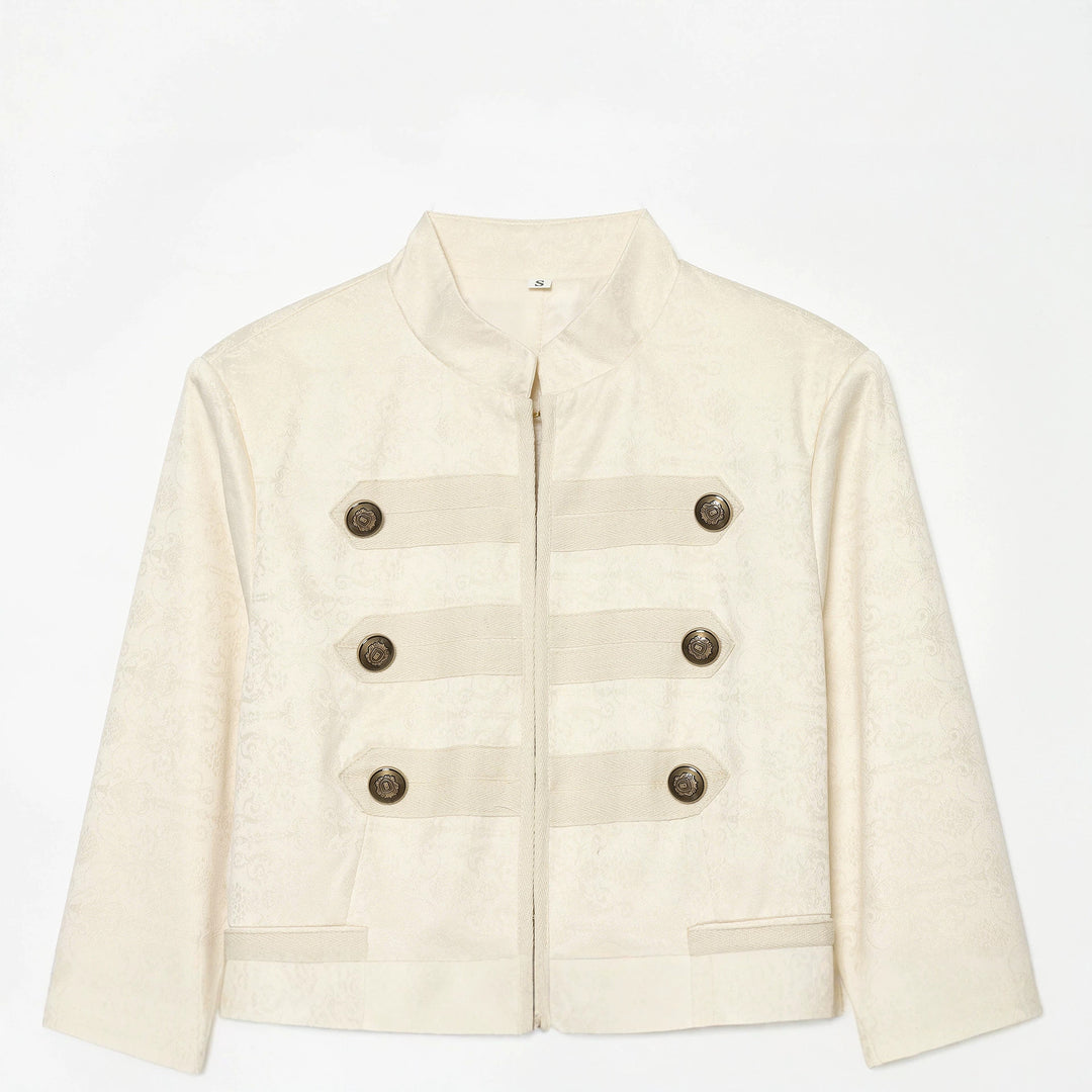 Damen Boxy-Cropped Jacquard-Jackett mit Stehkragen und dekorativer Zierknopfleiste Drune