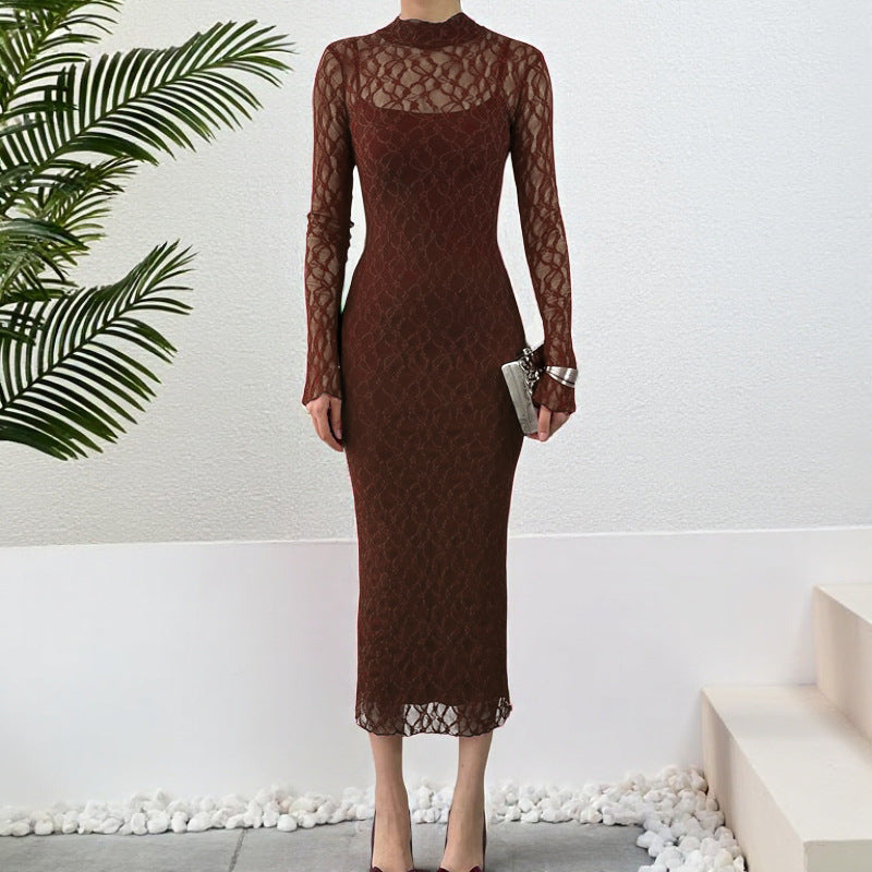 Damen Elegantes Kleid mit transparenten Spitzenärmel Drune