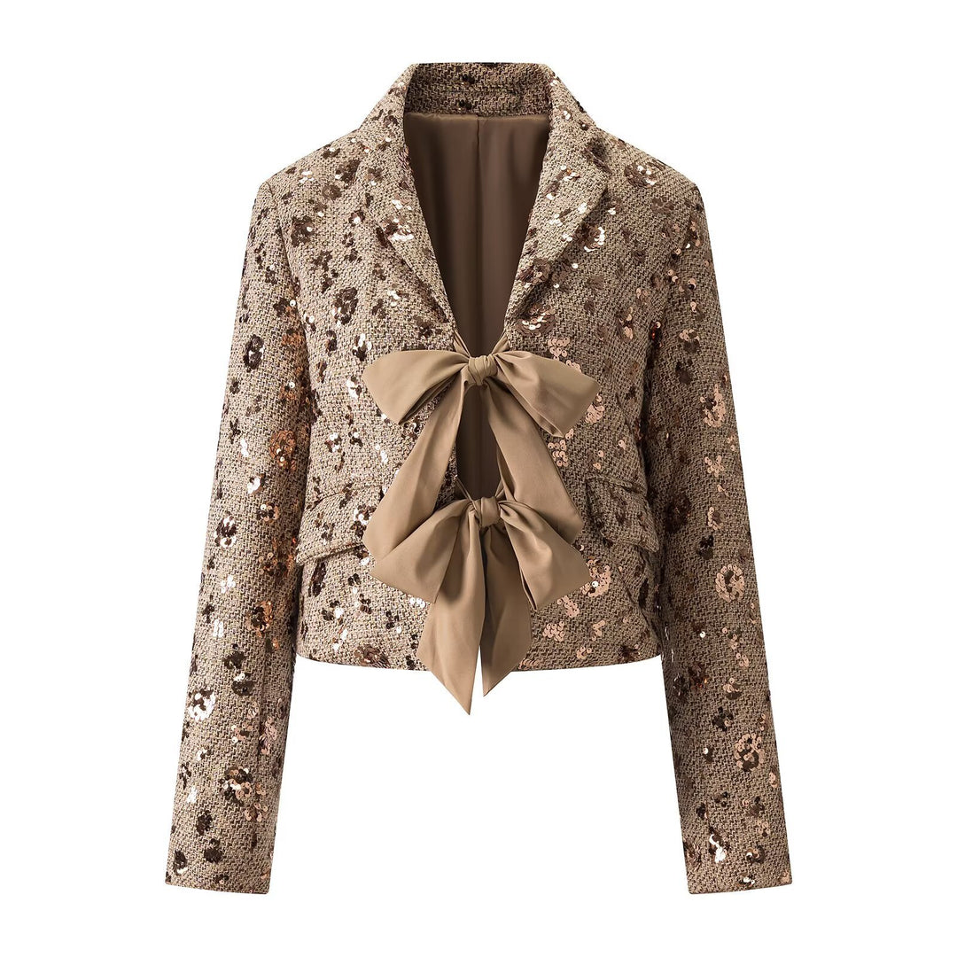 Damen Pailletten-Tweedjacke mit dekorativem Schleifenverschluss Drune