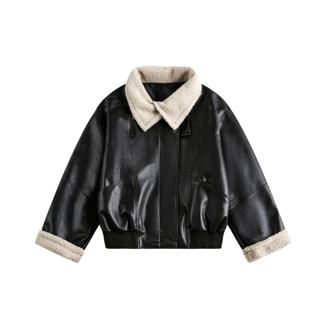 Damen Moderner Aviator-Blouson aus veganem Leder mit Teddykragen und kontrastierten Ärmelumschlägen Drune
