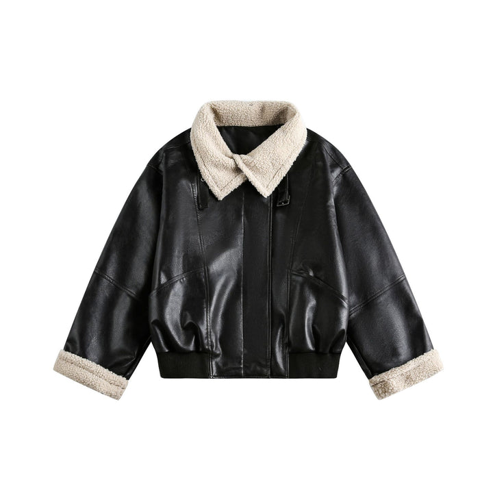 Damen Moderner Aviator-Blouson aus veganem Leder mit Teddykragen und kontrastierten Ärmelumschlägen Drune
