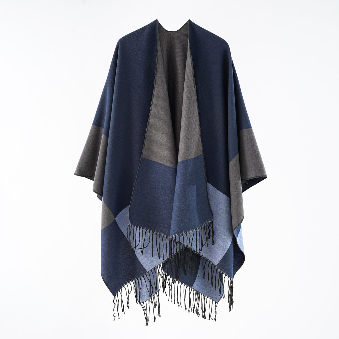 Damen eleganter Wollmix-Capeponcho mit grafischem Blockmuster und Fransen Drune