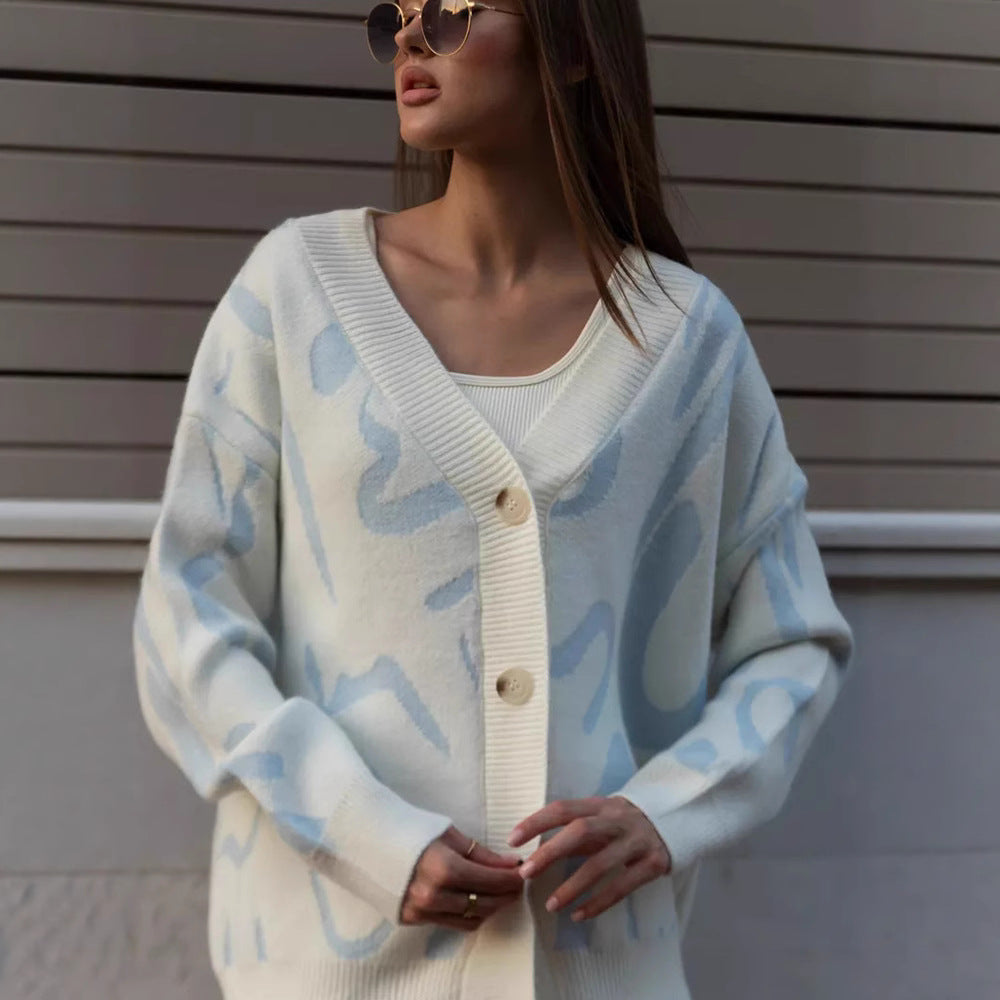 Damen weicher Strickcardigan mit modernem grafischen Muster Drune