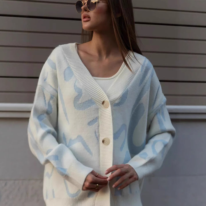 Damen weicher Strickcardigan mit modernem grafischen Muster Drune