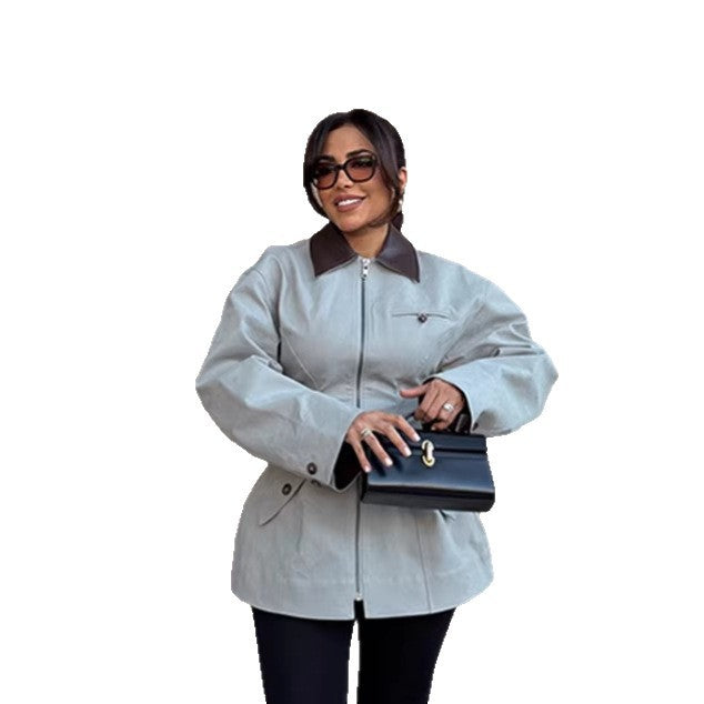 Damen Oversize-Jacke aus Lederoptik mit kontrastierendem Hemdkragen und Reißverschluss Drune