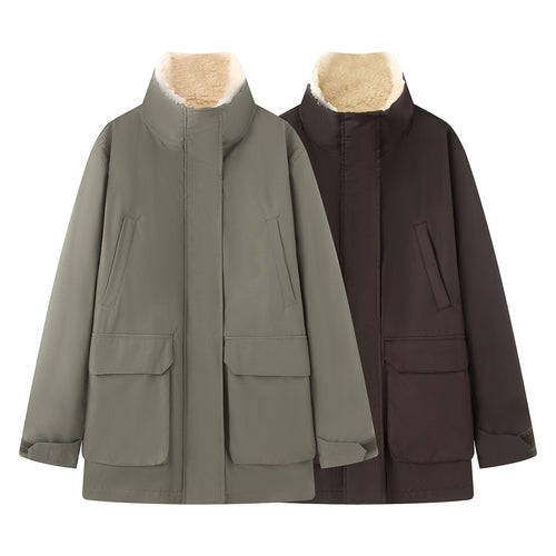 Damen nan oversized Parka mit hohem Teddygefüttertem Stehkragen, verdeckter Frontleiste und großen Klappentaschen Drune