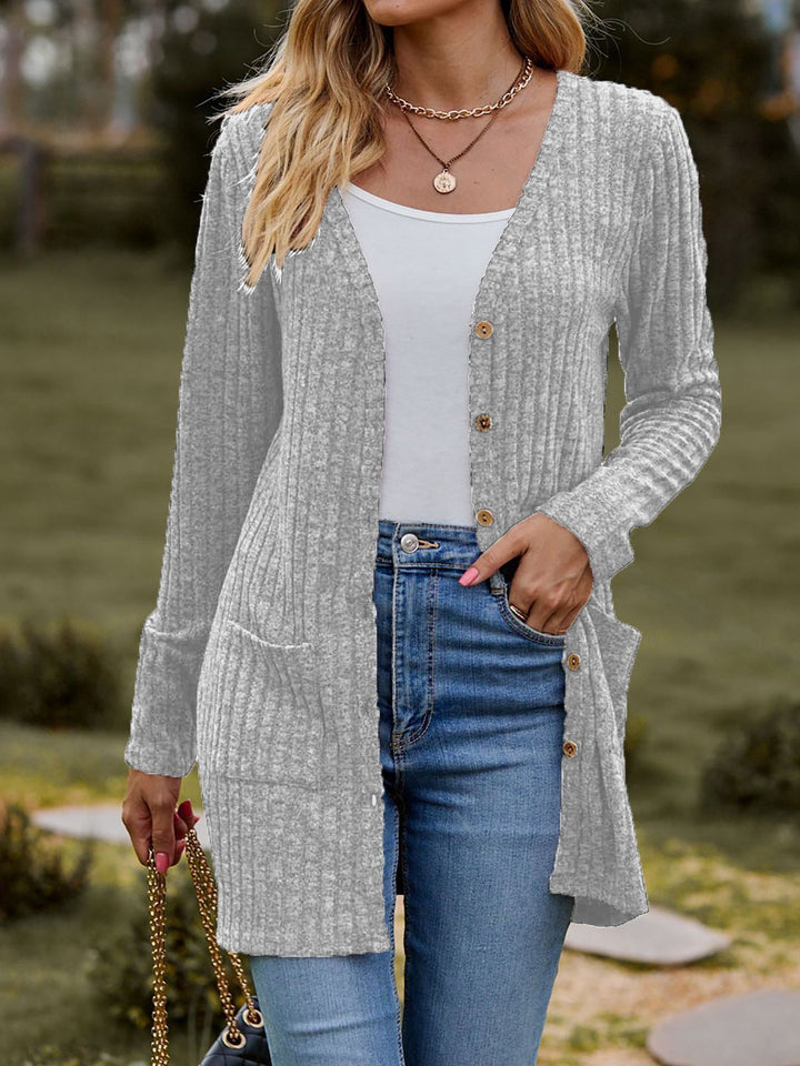Damen nan langer gerippter Strickcardigan mit Eingrifftaschen und Holzknöpfen Drune