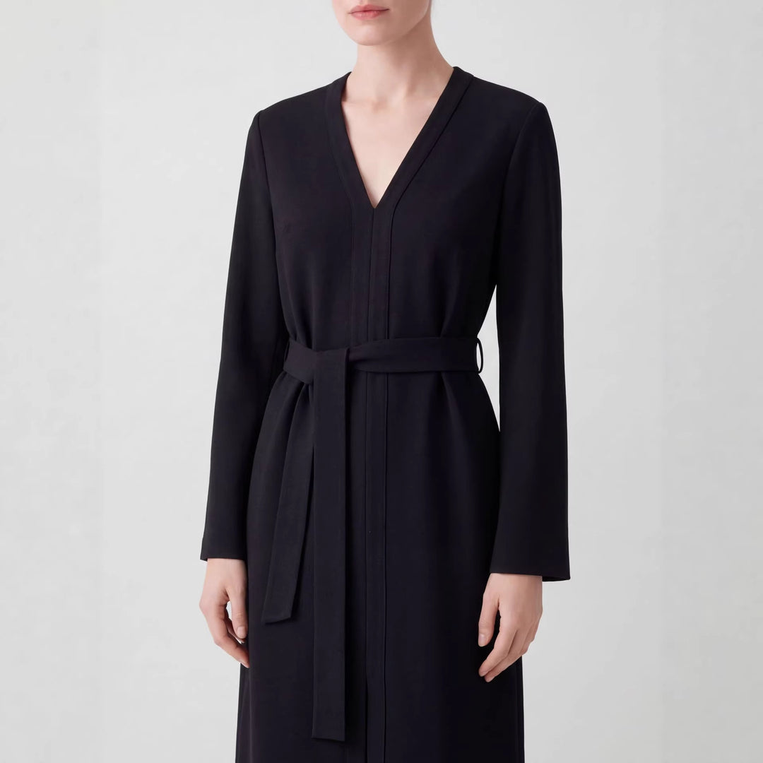 Damen Elegantes V-Ausschnitt Langarm Midi Kleid Drune