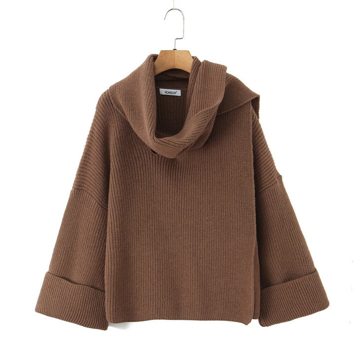 Damen Boxy-Cropped Grobstrick-Pullover mit voluminösem Schalkragen Drune