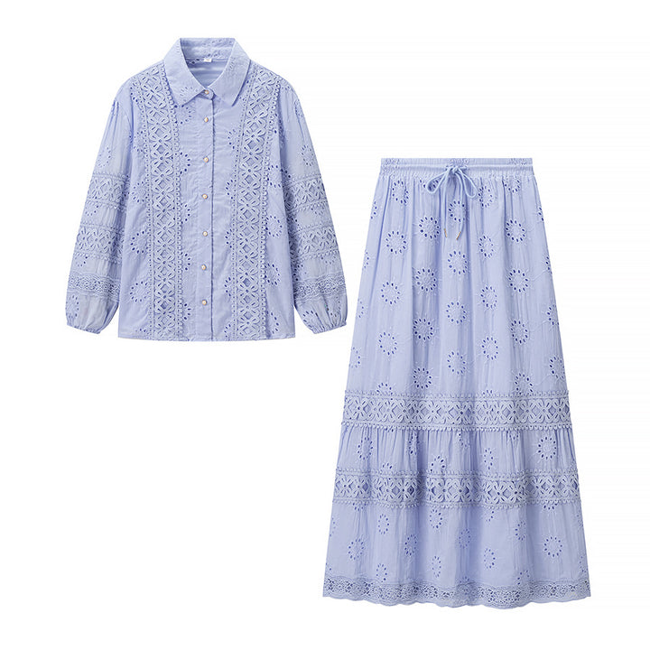 Damen Set aus blumengestickter Bluse und Maxiröcken Drune