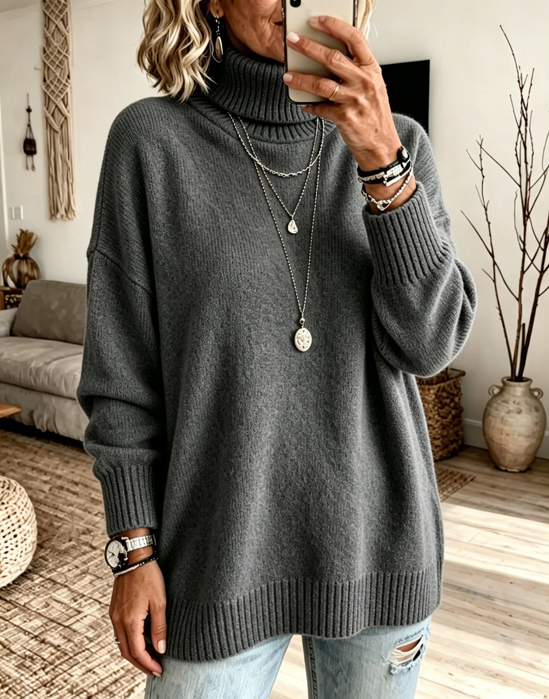 Damen Oversize Rollkragenpullover aus Feinstrick mit gerippten Bündchen und überschnittener Schulter Drune