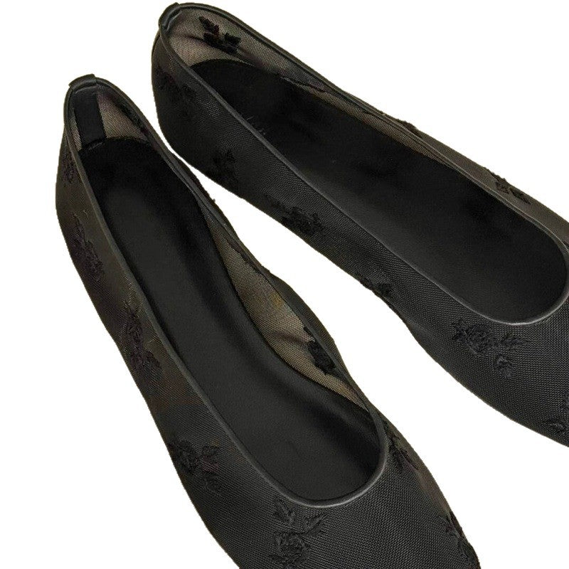 Damen Florale bestickte Ballerina-Slipper mit quadratischer Zehenbox und Mesh-Oberschuh Drune