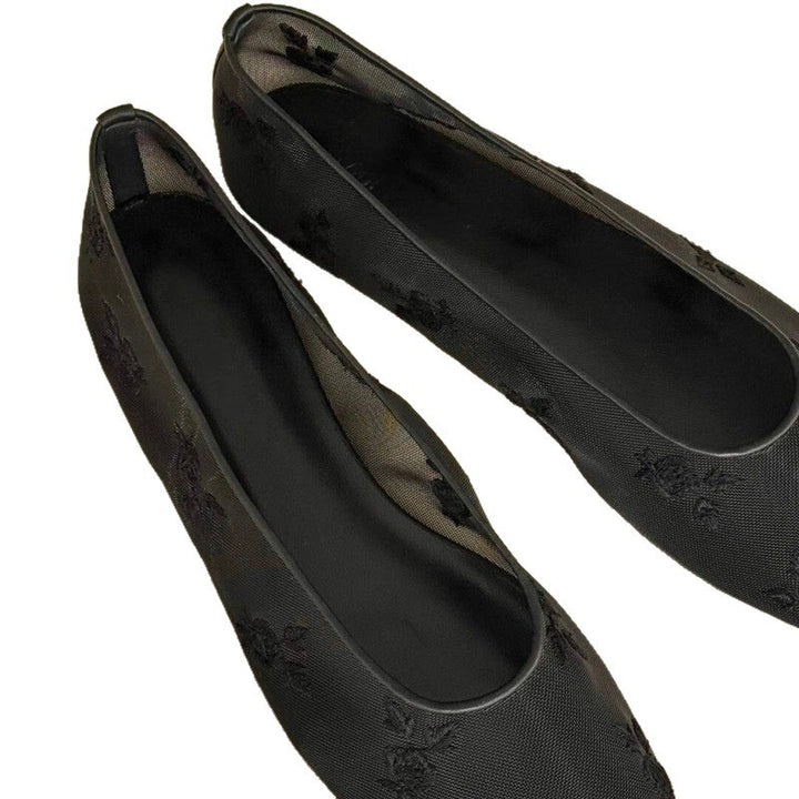 Damen Florale bestickte Ballerina-Slipper mit quadratischer Zehenbox und Mesh-Oberschuh Drune