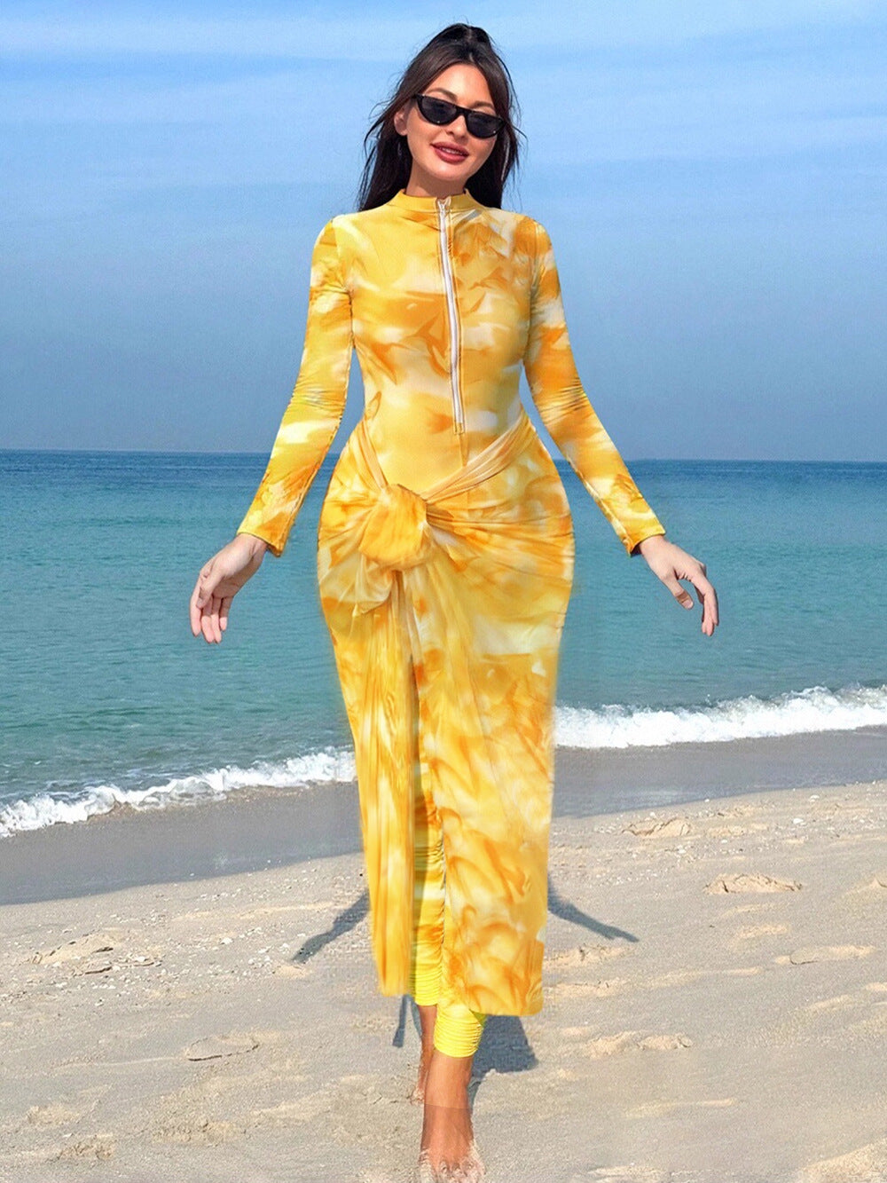 Damen Modischer Strandanzug mit langem Arm und Wickeldetail Drune