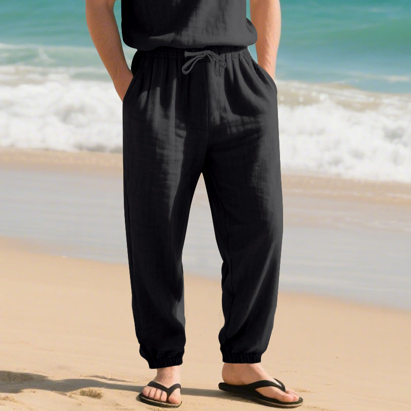 Herren nan leichte Leinenmix-Loungehose mit Tunnelzugbund, Seitentaschen und elastischen Beinabschlüssen Drune