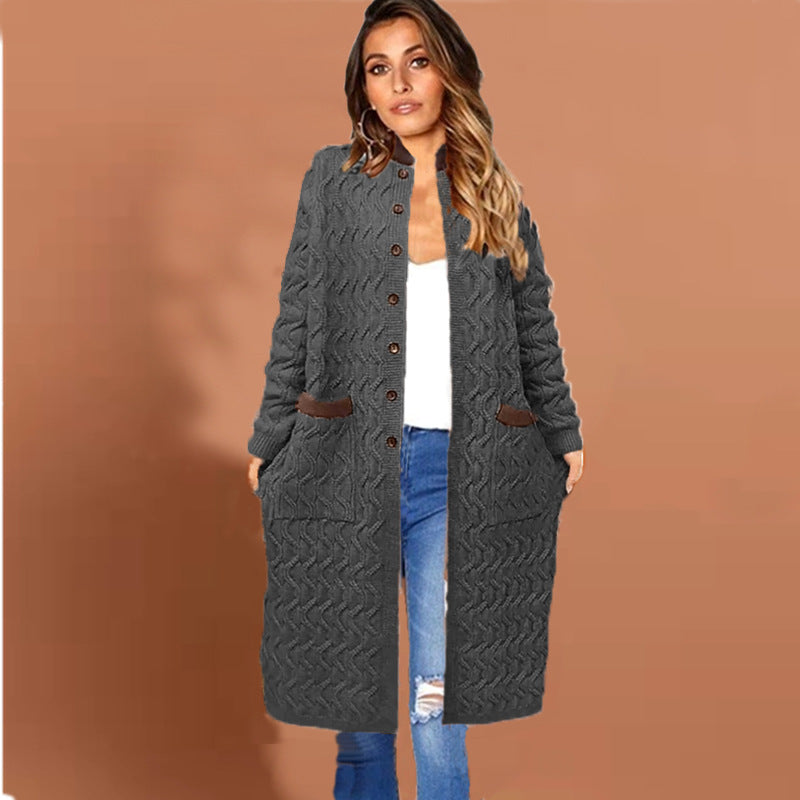 Damen Langer Strickcardigan mit Zopfmuster und praktischen Taschen Drune