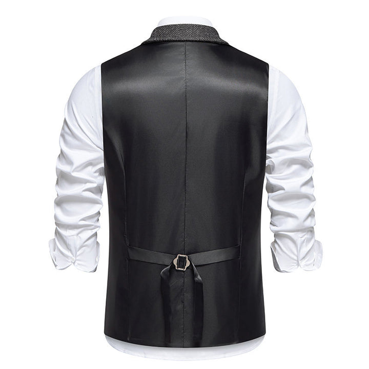 Herren Tweed‑Weste mit Fischgrätmuster, Reverskragen und aufgesetzten Taschen Drune