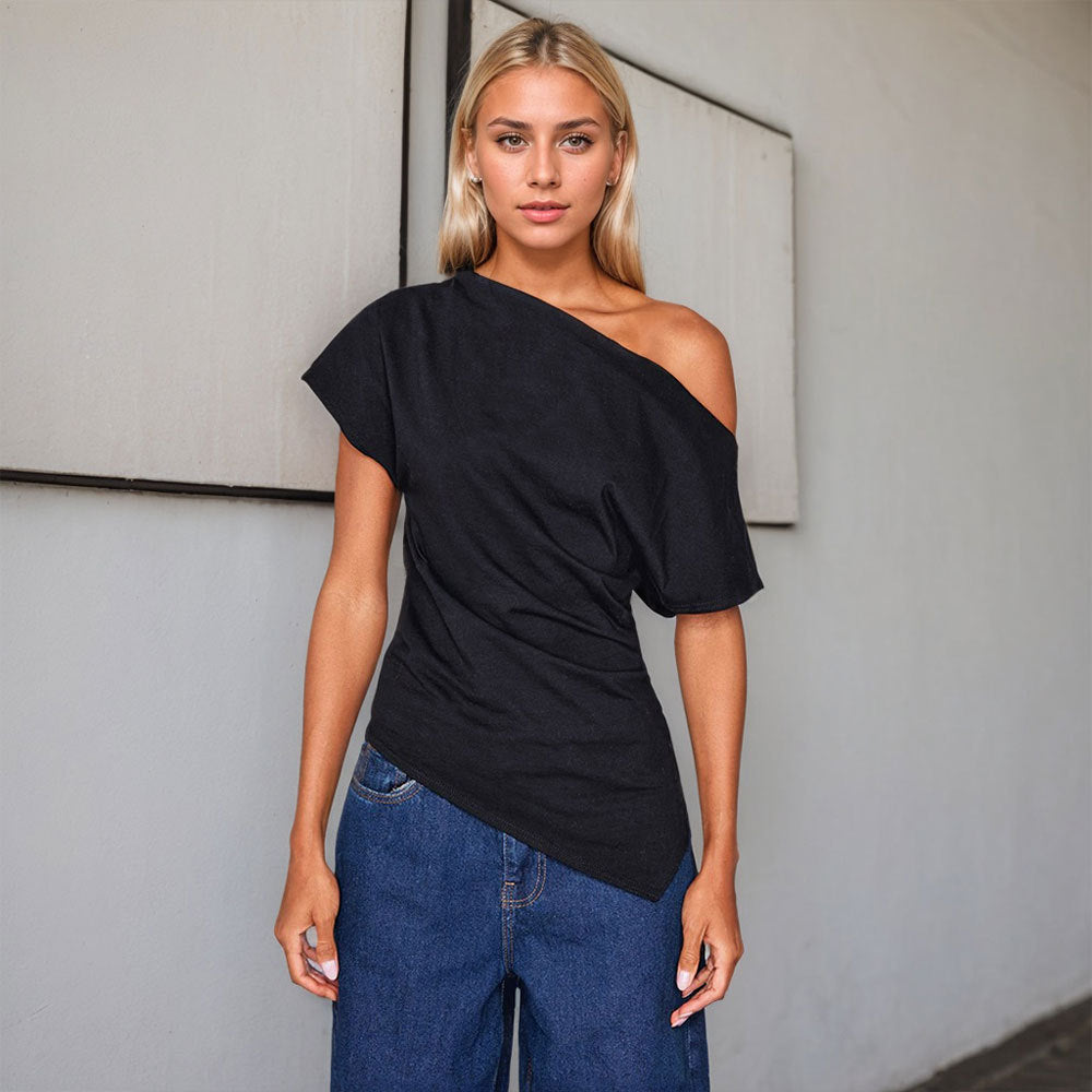 Damen asymmetrisches Oberteil mit schulterfreiem Design und modischen Drapierungsdetails Drune