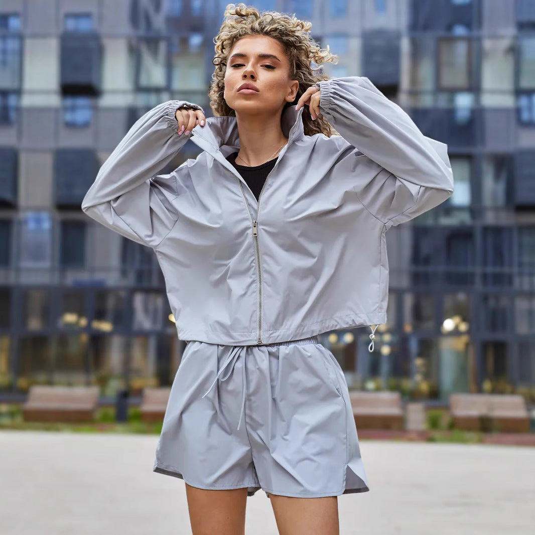 Damen lässige Sportjacke mit voluminösen Ärmeln und passender Shorts Drune