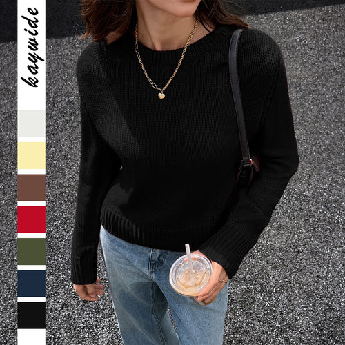 Damen nan gestrickter Feinstrick-Pullover mit Rundhalsausschnitt, leichter Oversize-Passform und gerippten Bündchen Drune