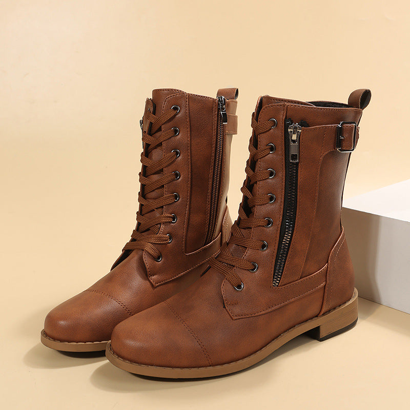 Damen nan knöchelhohe Schnür‑Combat‑Stiefelette mit seitlichem Doppelreißverschluss und verstellbarem Schnallenriemen Drune