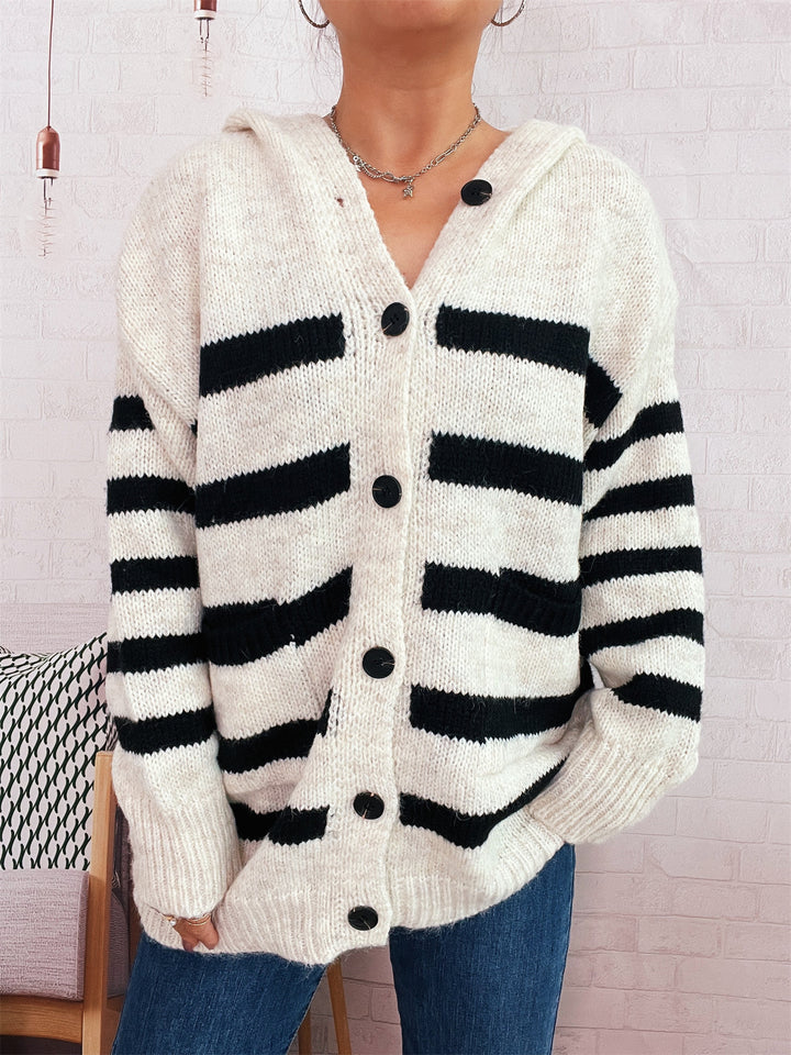 Damen lässiger Strickcardigan mit Kapuze und breiten Streifen Drune