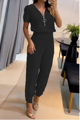 Damen Jumpsuit mit V-Ausschnitt und Gummizug Drune